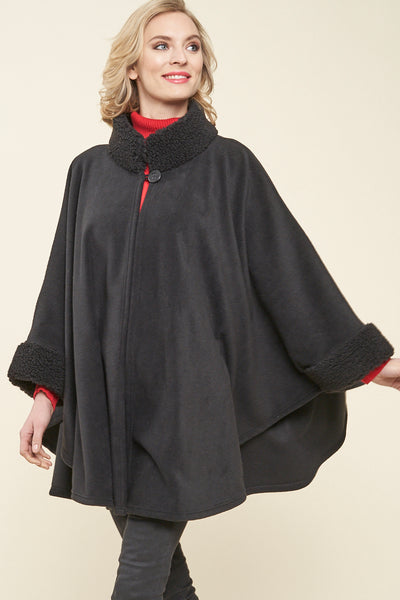 Desmona Faux Fur Trim Fleece Cape - Parkhurst Knitwear