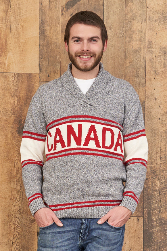 Canadiana Eco Cotton Shawl Collar Pullover Sweater for Men M 3X6 Grey Tweed Red Combo